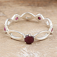 Ruby band ring, 'Ruby Princess' - Polished Sterling Silver Band Ring with Ruby Jewels