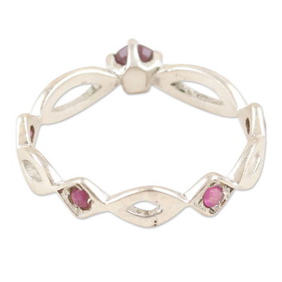 Ruby band ring, 'Ruby Princess' - Polished Sterling Silver Band Ring with Ruby Jewels