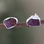 Garnet stud earrings, 'Liberated Perseverance' - Sterling Silver Stud Earrings with Freeform Garnet Stones