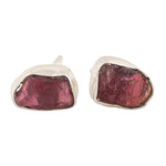Garnet stud earrings, 'Liberated Perseverance' - Sterling Silver Stud Earrings with Freeform Garnet Stones