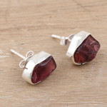 Garnet stud earrings, 'Liberated Perseverance' - Sterling Silver Stud Earrings with Freeform Garnet Stones