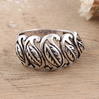 Sterling silver domed ring, 'Paisley Foliage' - Polished Leafy Sterling Silver Domed Ring Crafted in India