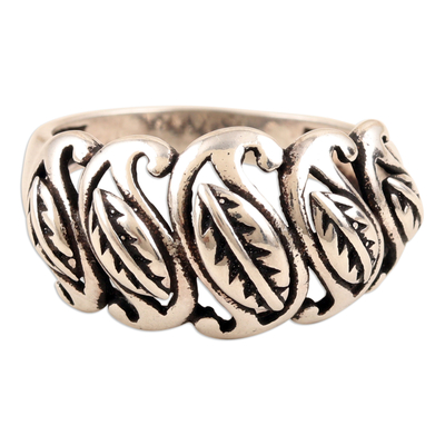 Sterling silver domed ring, 'Paisley Foliage' - Polished Leafy Sterling Silver Domed Ring Crafted in India