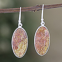 Agate dangle earrings, 'Blissful Sunset' - Oval-Shaped Sterling Silver Dangle Earrings with Agate Gems