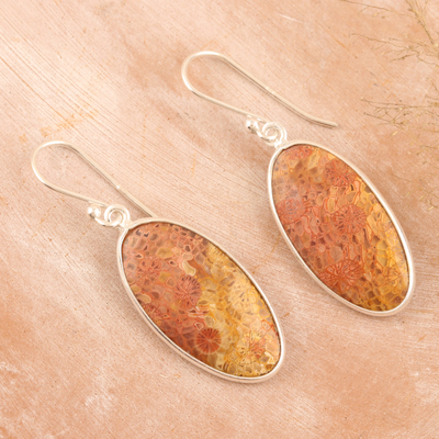Agate dangle earrings, 'Blissful Sunset' - Oval-Shaped Sterling Silver Dangle Earrings with Agate Gems