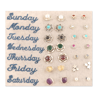 Gemstone stud earrings, 'Life Gems' (set of 14) - Set of 14 Gemstone Stud Earrings in a Polished Finish