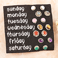 Gemstone stud earrings, 'Energizing Days' (set of 7) - Set of 7 Gemstone Stud Earrings in a Polished Finish