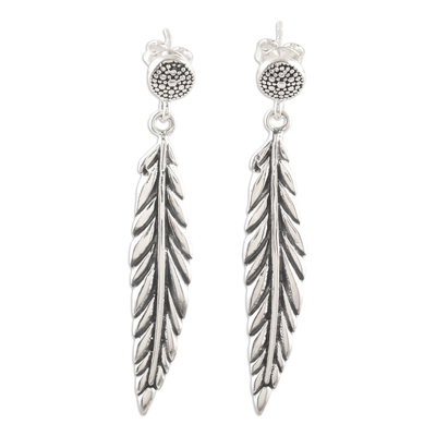 Sterling silver dangle earrings, 'Feathered Luxury' - Feather-Themed Sterling Silver Dangle Earrings from India