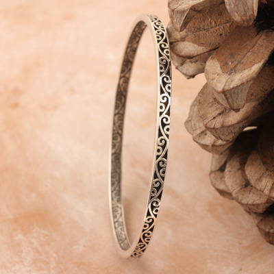 Sterling silver bangle bracelet, 'Vines from Noida' - Leafy Sterling Silver Bangle Bracelet Crafted in India