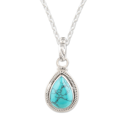 Sterling silver pendant necklace, 'Cool Halo Effect' - Sterling Silver Pendant Necklace with Recon Turquoise Gem