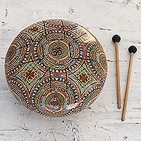 Iron tongue drum, 'Palatial Peace' - Tambor de lengua de hierro estampado con baquetas de madera de mango