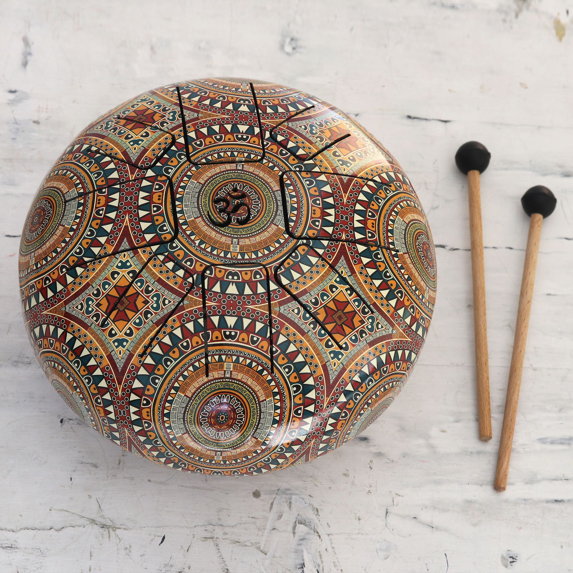 Patterned Iron Tongue Drum with Mango Wood Drumsticks, 'Palatial Peace