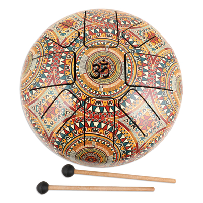 Iron tongue drum, 'Palatial Peace' - Patterned Iron Tongue Drum with Mango Wood Drumsticks