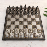 Brass chess set, 'Rewari's Challenge' - Traditional Brass Chess Set with Wooden Red Storage Box