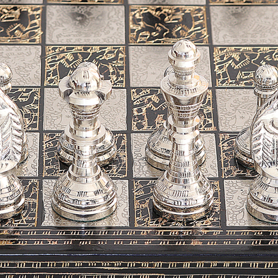 Brass chess set, 'Rewari's Challenge' - Traditional Brass Chess Set with Wooden Red Storage Box
