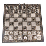 Brass chess set, 'Rewari's Challenge' - Traditional Brass Chess Set with Wooden Red Storage Box