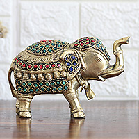 Escultura de latón con cuentas, 'Recuerdos de lujo' - Escultura de latón con cuentas hecha a mano de un elefante tradicional