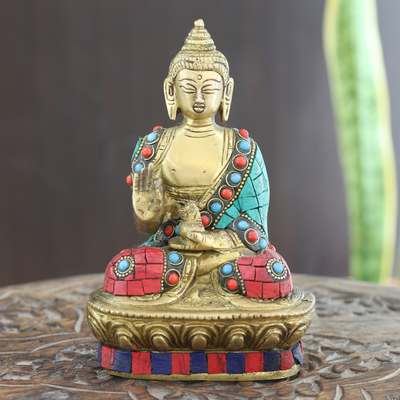 Perlenbesetzte Messingskulptur, (klein) - Handgefertigte Buddha-Skulptur aus Messing mit Perlen (klein)