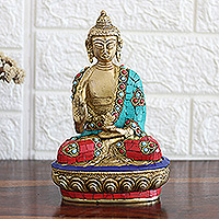 Escultura de latón con cuentas, 'Riqueza espiritual' (mediana) - Escultura artesanal de latón con cuentas de Buda (mediana)