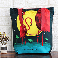 Cotton tote bag, 'No Life Without Earth' - Cotton Tote Bag with Printed Flamingo Motif Made in India