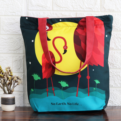 Baumwoll-Einkaufstasche – Tragetasche aus Baumwolle mit aufgedrucktem Flamingo-Motiv, hergestellt in Indien