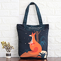 Cotton tote bag, 'A Better Planet' - Cotton Tote Bag with Printed Kangaroo Mother and Child Motif