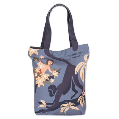 Cotton Tote Bag with Printed Child Monkey and Jungle Motif