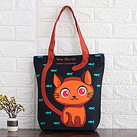 Cotton tote bag, 'One Future' - Cotton Tote Bag with Printed Cat and Fish Motif From India