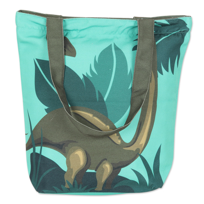Cotton tote bag, 'Dinosaur's Message' - Cotton Tote Bag with Printed Dinosaur Motif in Green