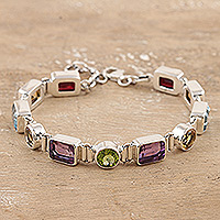 Multi-gemstone link bracelet, 'United Gems' - 14-Carat Faceted Multi-Gemstone Link Bracelet from India