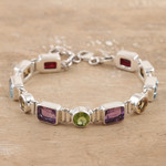 Multi-gemstone link bracelet, 'United Gems' - 14-Carat Faceted Multi-Gemstone Link Bracelet from India