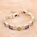 Multi-gemstone link bracelet, 'United Gems' - 14-Carat Faceted Multi-Gemstone Link Bracelet from India