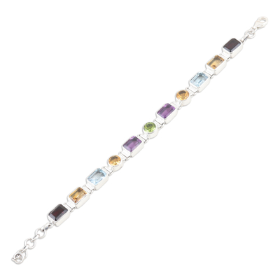 Multi-gemstone link bracelet, 'United Gems' - 14-Carat Faceted Multi-Gemstone Link Bracelet from India