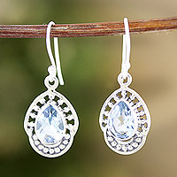 Blue topaz dangle earrings, 'Loyalty Crowns' - Sterling Silver Dangle Earrings with 4-Carat Blue Topaz Gems