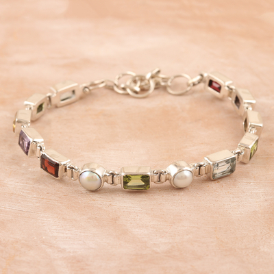 pulsera de eslabones con Múltiples gemas - Pulsera de eslabones de piedras preciosas Múltiples facetadas de 11 quilates con perlas