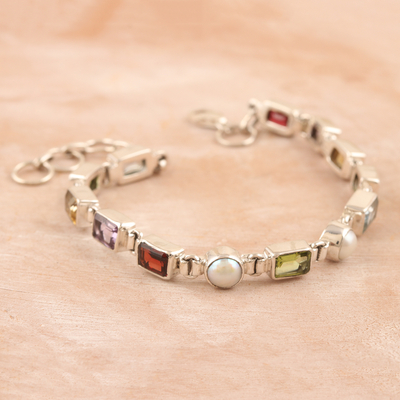 pulsera de eslabones con Múltiples gemas - Pulsera de eslabones de piedras preciosas Múltiples facetadas de 11 quilates con perlas