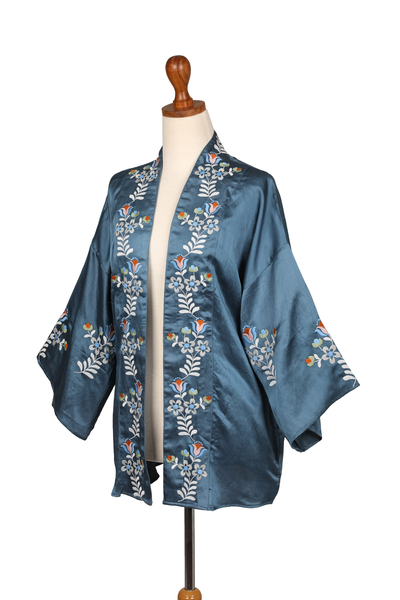 Embroidered kimono jacket, 'Folklore Birds' - Floral Cotton-Embroidered Azure Viscose Kimono Jacket