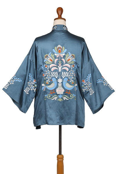 Chaqueta kimono bordada - Chaqueta tipo kimono de viscosa celeste con bordado floral de algodón