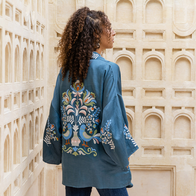 Embroidered kimono jacket, 'Folklore Birds' - Floral Cotton-Embroidered Azure Viscose Kimono Jacket