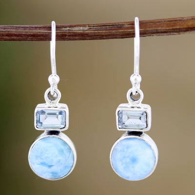 Blue topaz and larimar dangle earrings, 'Serene Alliance' - Blue Topaz and Larimar Dangle Earrings Crafted India