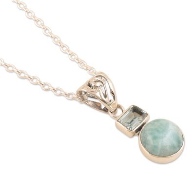 Blue topaz and larimar pendant necklace, 'Serene Alliance' - Blue Topaz and Larimar Pendant Necklace Crafted India