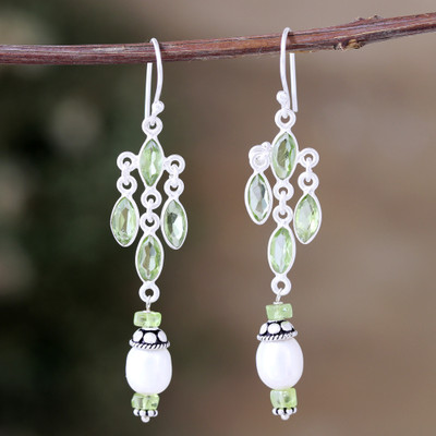 Peridot and cultured pearl dangle earrings, 'Marine Fortune' - Polished Dangle Earrings with Peridot Gems and Pearls