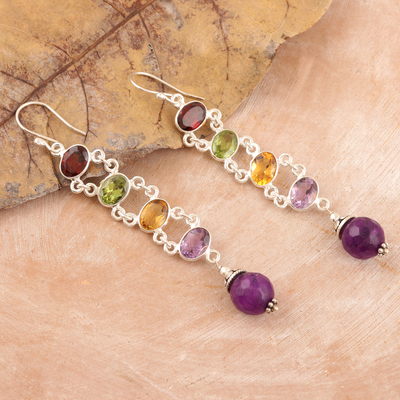 Mutil-gemstone dangle earrings, 'Precious Fusions' - Polished Dangle Earrings with Faceted Gemstones from India