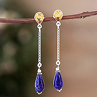 Pendientes colgantes de citrino y lapislázuli, 'Real Prosperity' - Pendientes colgantes pulidos con gemas de citrino y lapislázuli