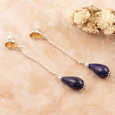 Citrine and lapis lazuli dangle earrings, 'Real Prosperity' - Polished Dangle Earrings with Citrine and Lapis Lazuli Gems