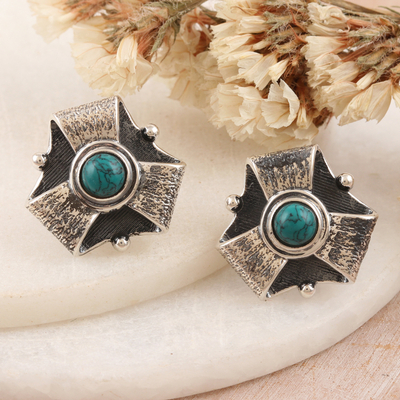 Sterling silver button earrings, 'Empress Soul' - Geometric Sterling Silver Button Earrings Crafted in India