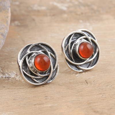 Carnelian button earrings, 'Flourishing Confidence' - Floral-Inspired Button Earrings with Natural Carnelian Gems