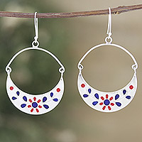Ohrhänger aus Sterlingsilber, „Jaipur Moons“ – florale handbemalte Ohrhänger aus Sterlingsilber