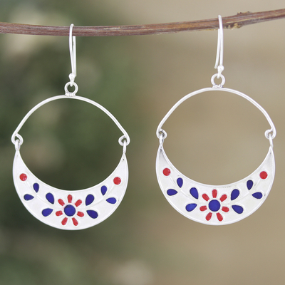 Sterling silver dangle earrings, 'Jaipur Moons' - Floral Hand-Painted Sterling Silver Dangle Earrings
