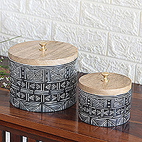 Wood decorative boxes, ‘Bohemian Secrets’ (set of 2) - Set of 2 Handmade Geometric Black and White Decorative Boxes